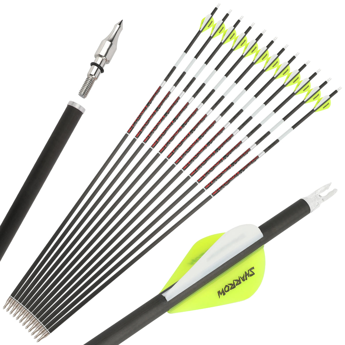 12pcs Pure Carbon Arrow Spine300/400/500 Straightness +/-0.003" ID 6.2mm Shaft for Compound Recurve Bow Hunting Target Shooting