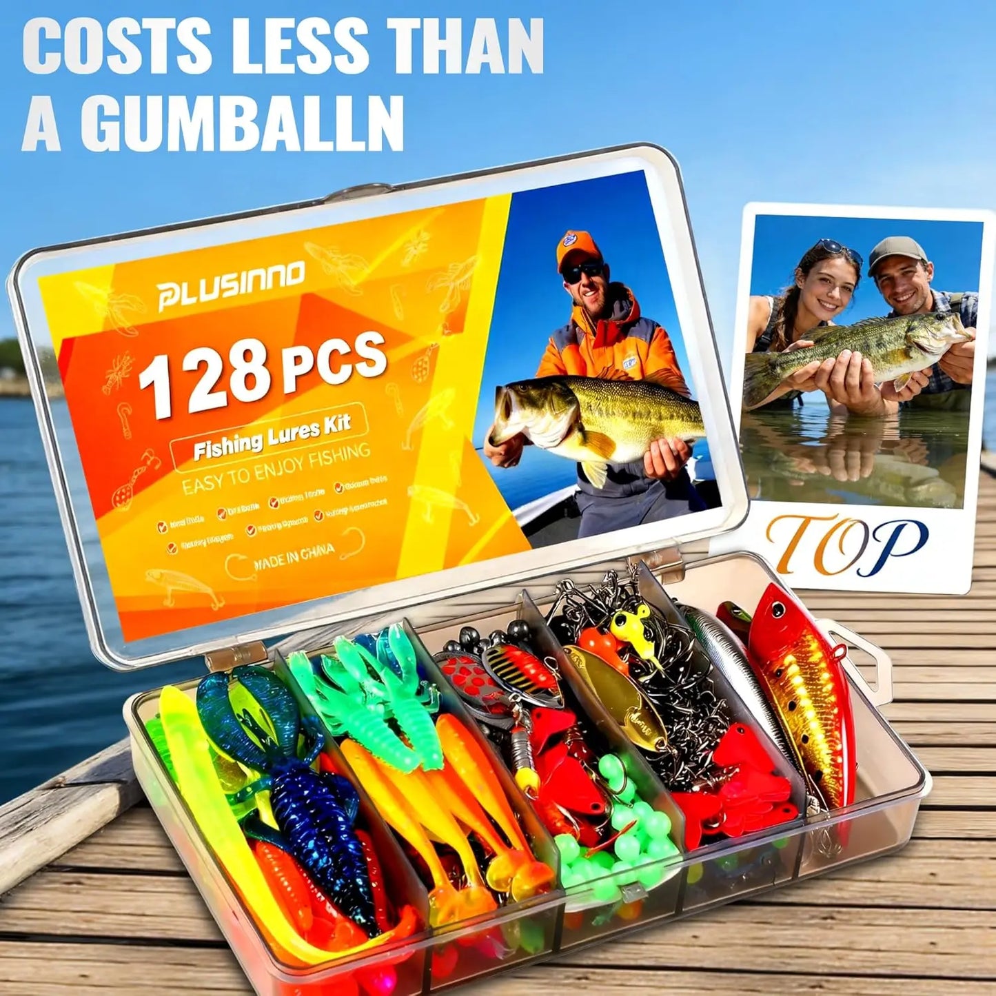All-in-One Fishing Tackle Box with 128pcs Lures & Accessories Kit for Freshwater Bass Trout, Complete Fishing Gear Set for Men Dad Beginners,