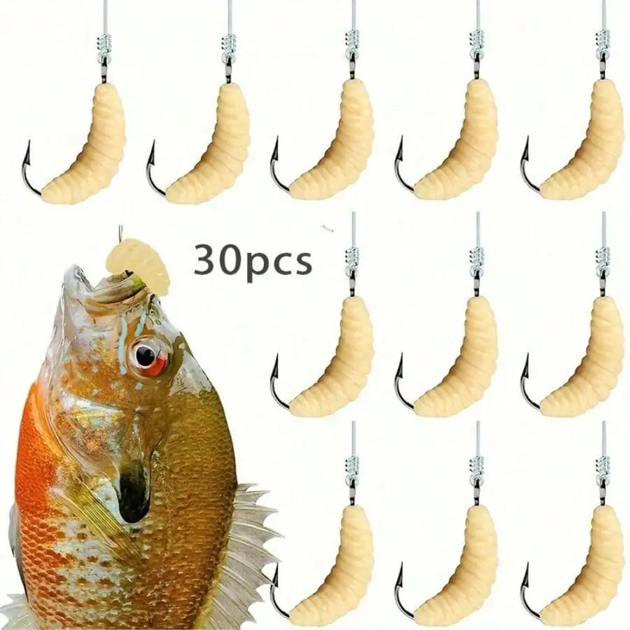 30pcs Rubber Maggot Fishing Lures with Hooks, 22mm Artificial Baits for Trout, Sunfish, Bluegill, Carp & Freshwater Fishing, Soft Bait Bulk Set