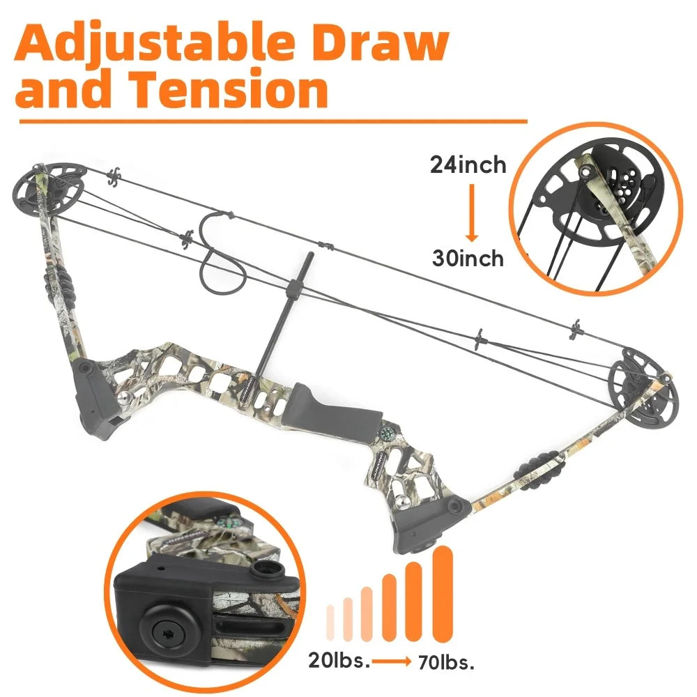 Archery Compound Bow 20-70lbs Adjustable 320FPS 80% Let-off Right Left Hand for Hunting Fishing Target Shooting Sports