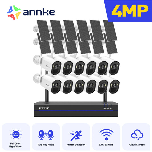 ANNKE 4MP Solar Security Cameras 16CH NVR 4/6/8/12 PCS WiFi Camera Wireless PIR Night Vision WiFi 6 + Bluetooth Connect 4MM Outdoor wifi camera