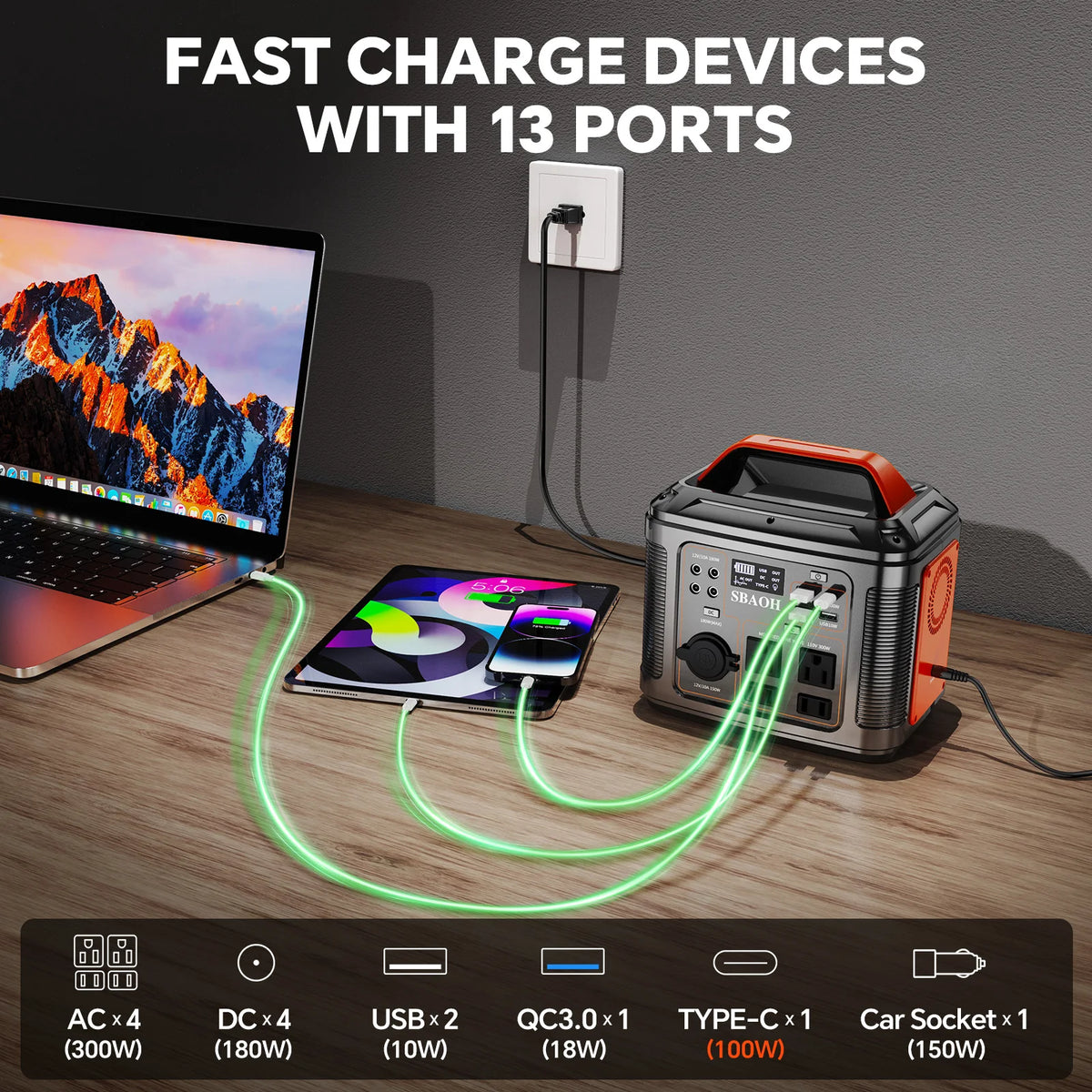 300W Portable Power Station, 296Wh 80000mAh Camping Solar Generator, Emergency Lithium Battery Outages, Black (with Solar Panel)