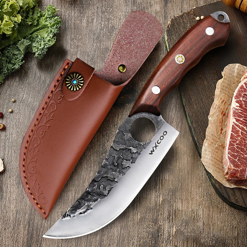 2PCS Kitchen Chef Knife Set Stainless Steel Kitchen Convenience Multipurpose Knife Professional Vegetable Chopper Boning Knife Barbecue Knife Fish Knife Cheese Pizza Small Pocket Knife with Sheath Wood Handle for Camping Knif