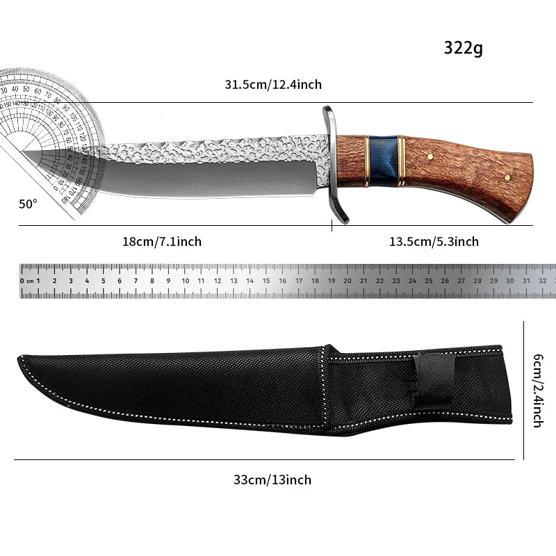 Stainless steel fixed knife, practical knife for outdoor hunting and camping, anti-slip wooden handle knife, hammer-textured
