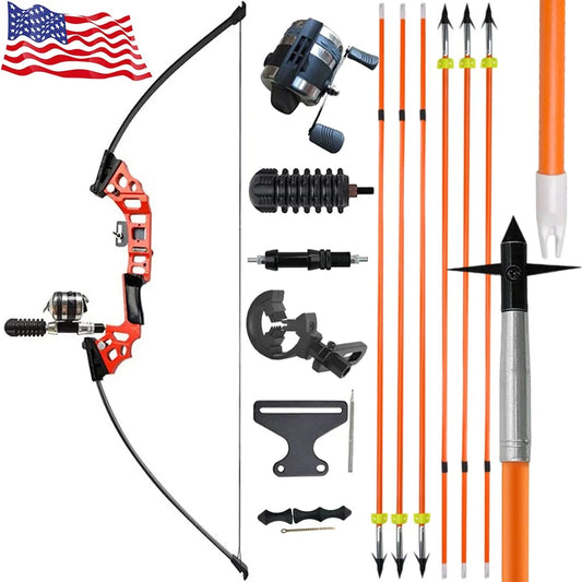 Archery Bowfishing Kit 40lbs Recurve Bow Solid Fiberglass Arrows with Reel for Bowfishing Hunting Shooting Outdoor Fishing Sport Activities
