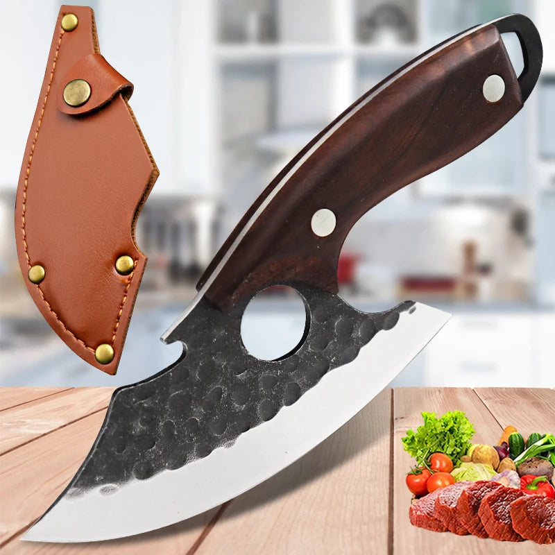 2PCS Kitchen Chef Knife Set Stainless Steel Kitchen Convenience Multipurpose Knife Professional Vegetable Chopper Boning Knife Barbecue Knife Fish Knife Cheese Pizza Small Pocket Knife with Sheath Wood Handle for Camping Knif