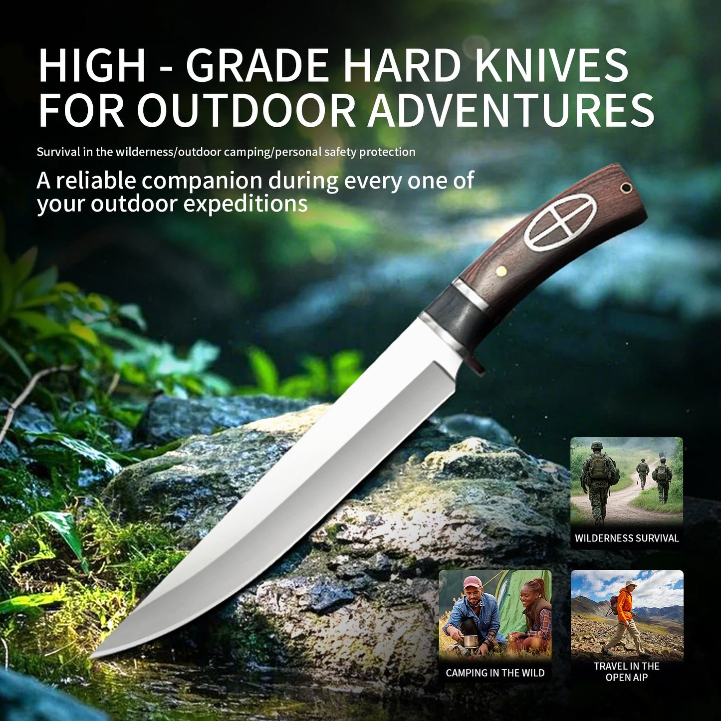 Outdoor Portable Straight Knife with Wooden Handle, Camping Knife, Stainless Steel Fishing Knife, Hiking Knife, Men's Cutter, Multifunctional Straight Knife, Ideal Gift for Men.