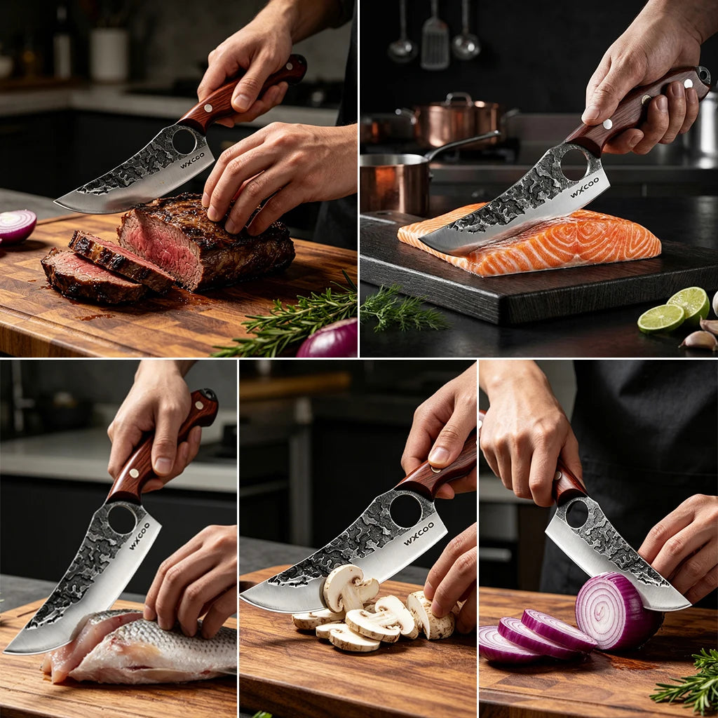 2PCS Kitchen Chef Knife Set Stainless Steel Kitchen Convenience Multipurpose Knife Professional Vegetable Chopper Boning Knife Barbecue Knife Fish Knife Cheese Pizza Small Pocket Knife with Sheath Wood Handle for Camping Knif