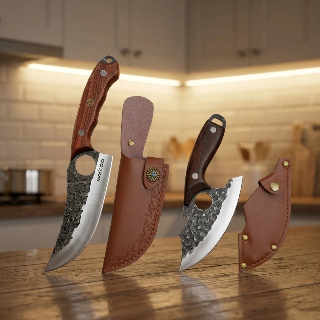 2PCS Kitchen Chef Knife Set Stainless Steel Kitchen Convenience Multipurpose Knife Professional Vegetable Chopper Boning Knife Barbecue Knife Fish Knife Cheese Pizza Small Pocket Knife with Sheath Wood Handle for Camping Knif