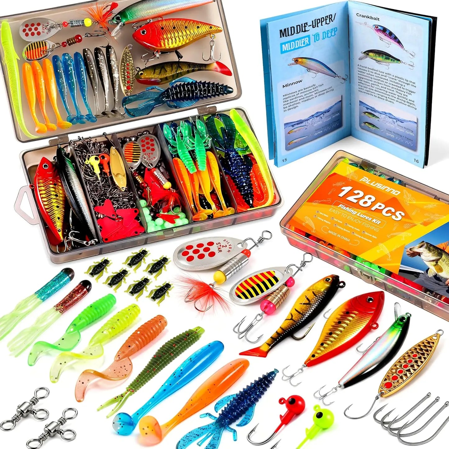 All-in-One Fishing Tackle Box with 128pcs Lures & Accessories Kit for Freshwater Bass Trout, Complete Fishing Gear Set for Men Dad Beginners,