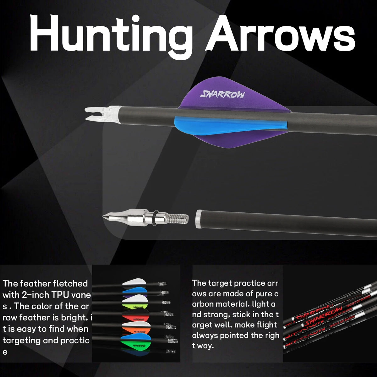 12pcs Pure Carbon Arrow Spine300/400/500 Straightness +/-0.003" ID 6.2mm Shaft for Compound Recurve Bow Hunting Target Shooting