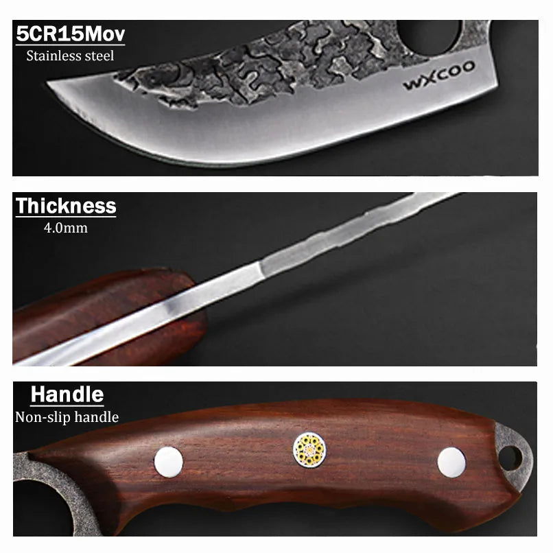 2PCS Kitchen Chef Knife Set Stainless Steel Kitchen Convenience Multipurpose Knife Professional Vegetable Chopper Boning Knife Barbecue Knife Fish Knife Cheese Pizza Small Pocket Knife with Sheath Wood Handle for Camping Knif