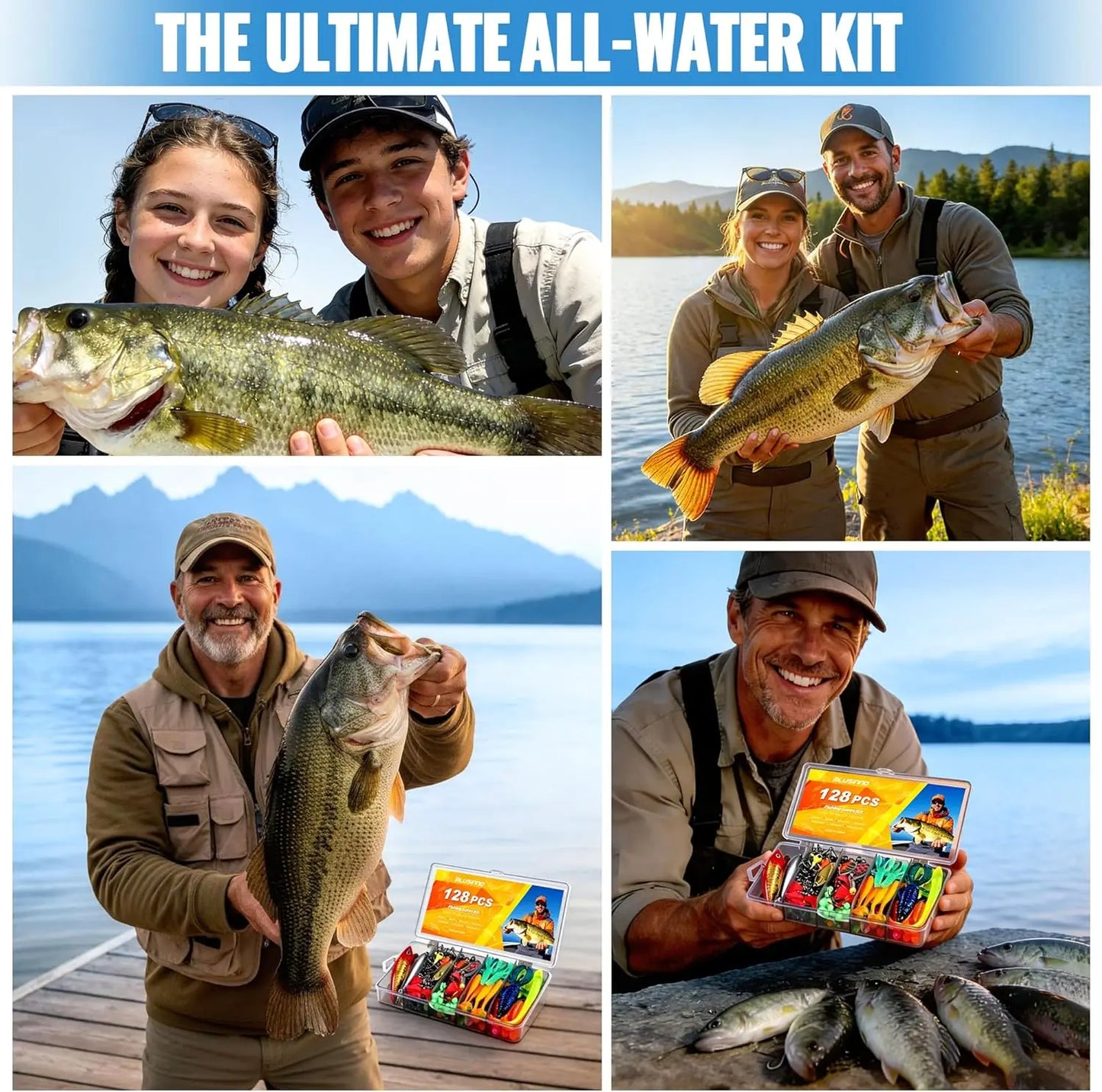 All-in-One Fishing Tackle Box with 128pcs Lures & Accessories Kit for Freshwater Bass Trout, Complete Fishing Gear Set for Men Dad Beginners,