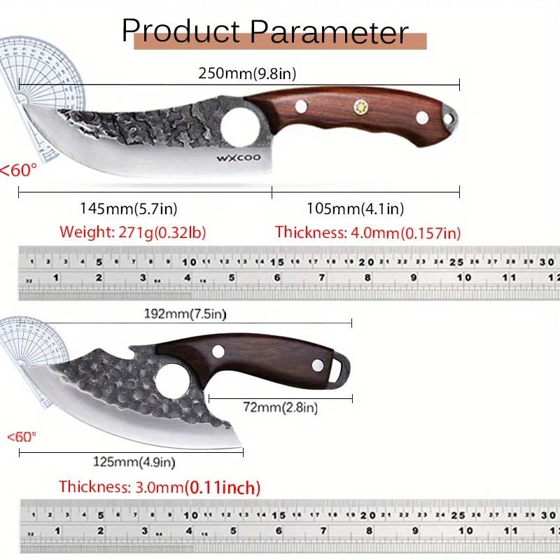 2PCS Kitchen Chef Knife Set Stainless Steel Kitchen Convenience Multipurpose Knife Professional Vegetable Chopper Boning Knife Barbecue Knife Fish Knife Cheese Pizza Small Pocket Knife with Sheath Wood Handle for Camping Knif