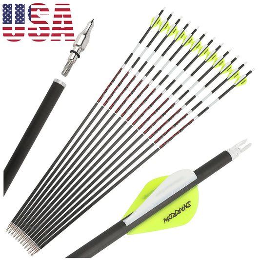 12pcs Pure Carbon Arrow Spine300/400/500 Straightness +/-0.003" ID 6.2mm Shaft for Compound Recurve Bow Hunting Target Shooting