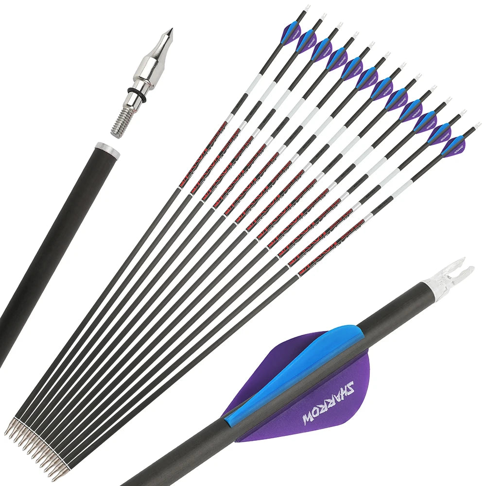 12pcs Pure Carbon Arrow Spine300/400/500 Straightness +/-0.003" ID 6.2mm Shaft for Compound Recurve Bow Hunting Target Shooting