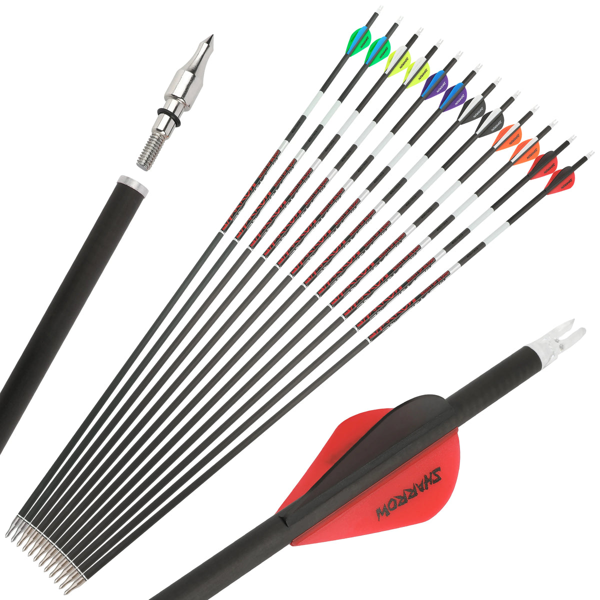12pcs Pure Carbon Arrow Spine300/400/500 Straightness +/-0.003" ID 6.2mm Shaft for Compound Recurve Bow Hunting Target Shooting