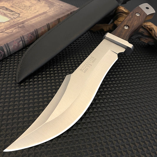 Stainless steel hunting knife with a wooden handle, paired with a black leather sheath,